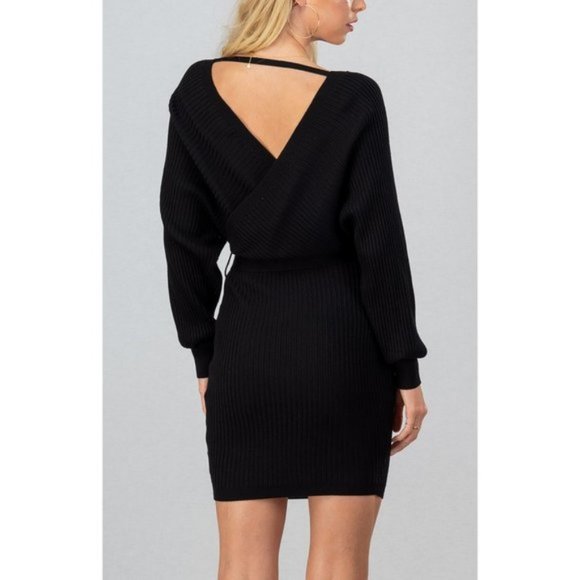 NEW Black Rib Knit Sexy Wrap V Neck Classic Little Black Sweater Dress - Picture 4 of 10